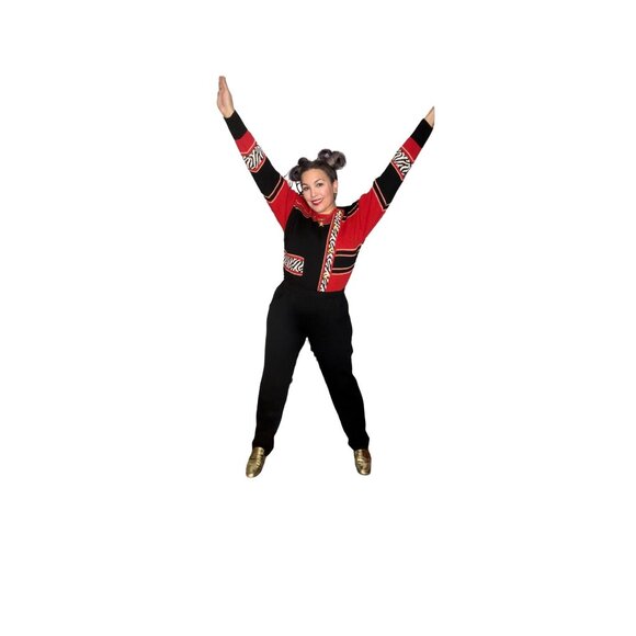 Antonella Preve Red & Black Knit Jumpsuit With Gold Accents & Zebra Pattern Sz L - Picture 11 of 11